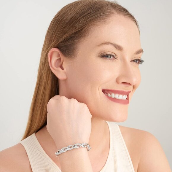 Rhodium Plated Fine Silver Cubic Zirconia Women's Rope Chain Bracelet, 10mm, 7.2 - Picture 4 of 6